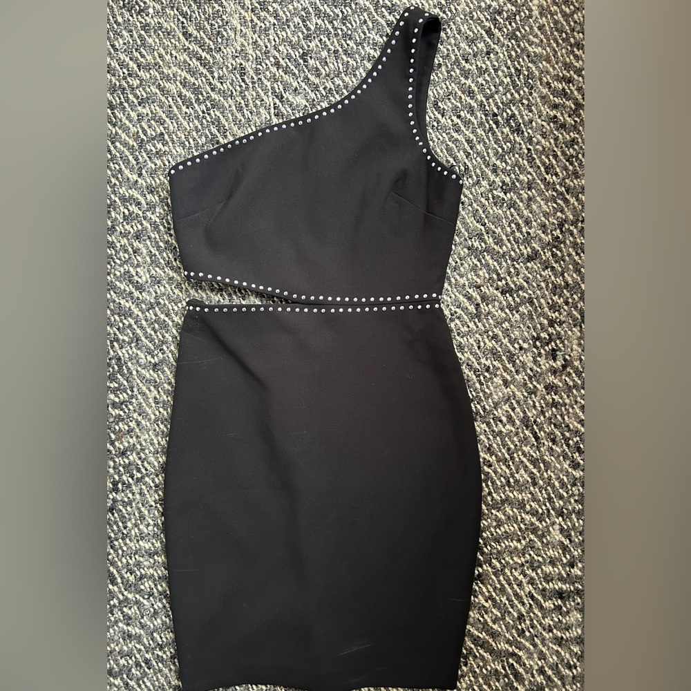 Likely one shoulder cut out black bodycon silver studded mini dress